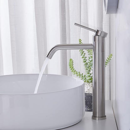 Hotis Vessel Sink Faucet Brushed Nickel, Stainless Steel Tall Bathroom Faucet with 360° Swivel Spout, Single Handle 1 Hole Bathroom Faucets with Supply Lines and Pop Up Drain, HT-TX110788L-New