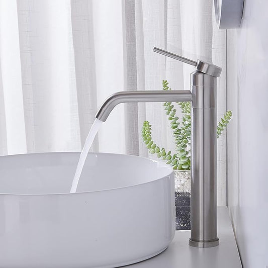 Hotis Vessel Sink Faucet Brushed Nickel, Stainless Steel Tall Bathroom Faucet with 360° Swivel Spout, Single Handle 1 Hole Bathroom Faucets with Supply Lines and Pop Up Drain, HT-TX110788L-New
