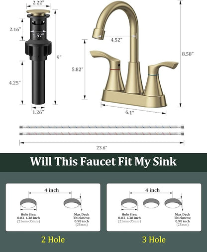 2 Pack Brushed Gold Bathroom Faucet 3 Hole 4 Inch Bathroom Sink Faucets | Stainless Steel 2 Handle Centerset Faucet for Bathroom Sink Vanity with Pop Up Drain and 4 Supply Hoses by Evolvegoods
