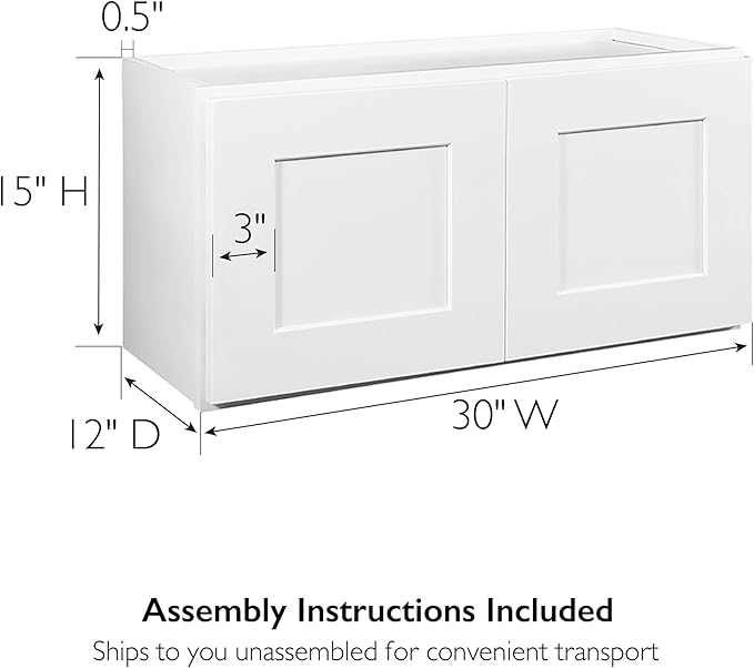 Design House Brookings Shaker Unassembled Bridge Wall Kitchen Cabinet W3015, 30 W x 12 D x 15 H, Painted White with Sherwin Williams®, Solid Wood – Design House, 561639