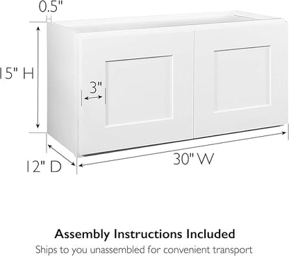 Design House Brookings Shaker Unassembled Bridge Wall Kitchen Cabinet W3015, 30 W x 12 D x 15 H, Painted White with Sherwin Williams®, Solid Wood – Design House, 561639