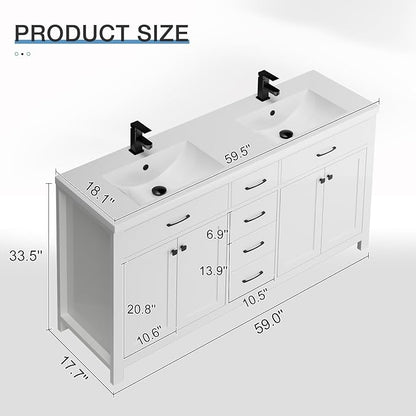 LUCKWIND 60" Bathroom Vanity and Sink Combo, Painted Modern Bathroom Storage Cabinet with Double Large Sink, Four Doors and Three Drawers, Include Faucet, Without Mirror, White