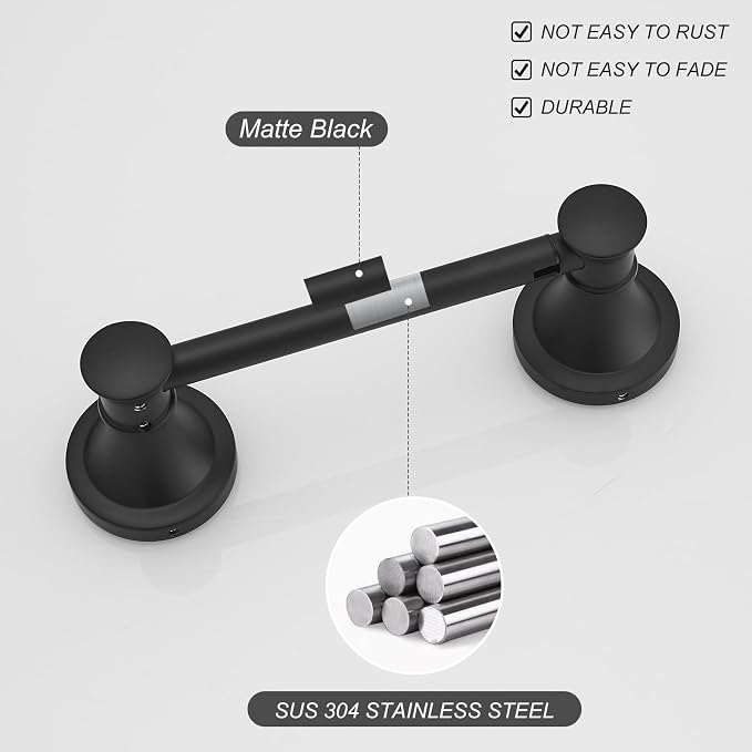 Bathroom Toilet Paper Holder Wall Mount Tissue Holder Matte Black | Rustproof Toilet Tissue Roll Holder, Flexible Double Post Pivoting Handle, Bathroom Accessories SUS304 Stainless Steel
