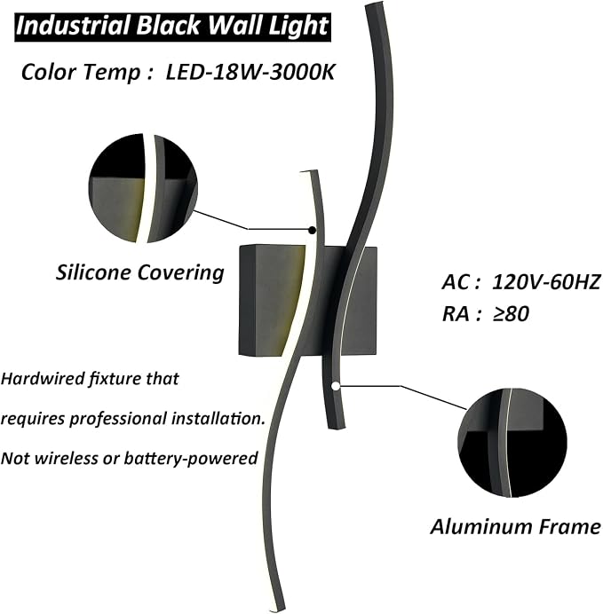 Modern LED Wall Sconce, Minimalist Industrial Black, 24" | Hardwire Installation, Indoor Wall Light, Minimalist Style, For Small Space Bathroom Hallway Staircase Entryway