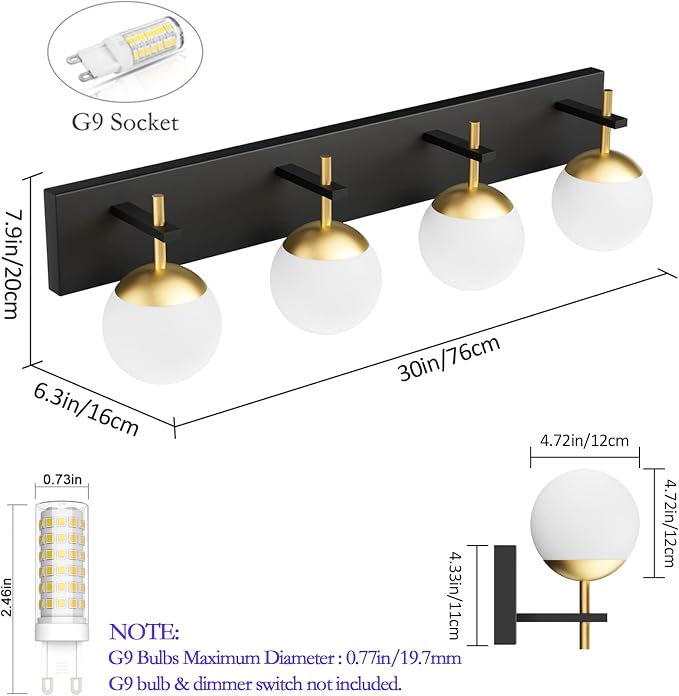 Ralbay Mid Century Modern Vanity Lights - 4-Light Milky Glass Globe Modern Bathroom Vanity Lights Over Mirror, Black/Golden Bathroom Wall Light Fixture