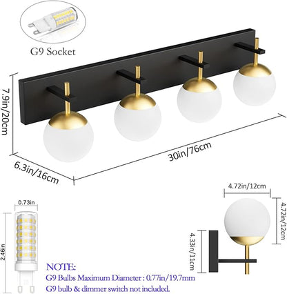 Ralbay Mid Century Modern Vanity Lights - 4-Light Milky Glass Globe Modern Bathroom Vanity Lights Over Mirror, Black/Golden Bathroom Wall Light Fixture