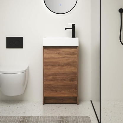 18-Inch Small Bathroom Vanity with Sink Mid-Century Bathroom Vanities with Top Basin Floor Wood Bathroom Sink Cabinet with Soft-Close Doors & Adjustable Storage Shelves(Walnut)