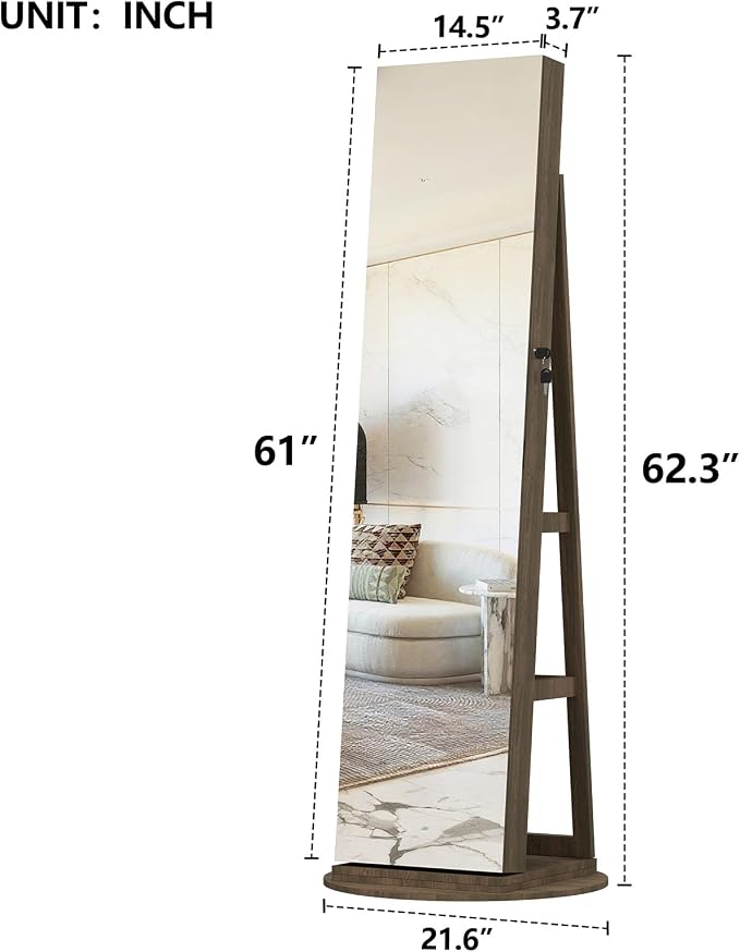 360° Swivel Jewelry Armoire with Full-Length Mirror, Lockable Standing Jewelry Cabinet Organizer w/ Inside Makeup Mirror, Back Storage Shelves for Bedroom, Cloakroom, Living Room (Antique Brown1)