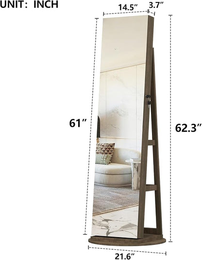 360° Swivel Jewelry Armoire with Full-Length Mirror, Lockable Standing Jewelry Cabinet Organizer w/ Inside Makeup Mirror, Back Storage Shelves for Bedroom, Cloakroom, Living Room (Antique Brown1)