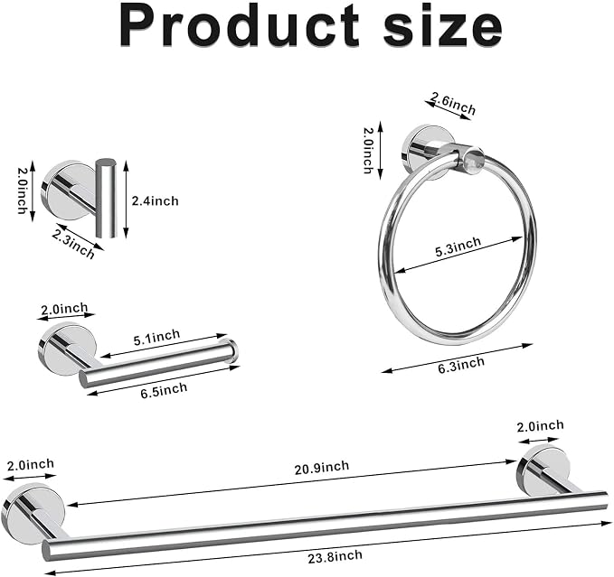 Cilee 10 Piece Chrome Bathroom Hardware Set, 24 16 inch Towel Bar Set | 24 & 16 inch Towel bar, Toilet Paper Holder, Towel Ring, Towel Hook, Bathroom Accessories Set Stainless Steel Wall Mounted