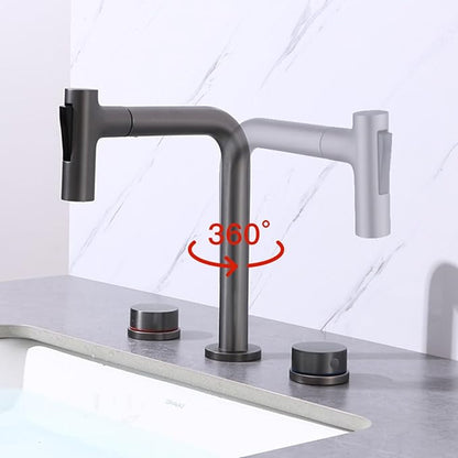 BiaoTeng Bathroom Faucets for Sink 3 Hole Pull Out 2 Functions with 360° Swivel Hot and Cold Brass 2 Handle Faucet for Bathroom Sink Pull Down Grey