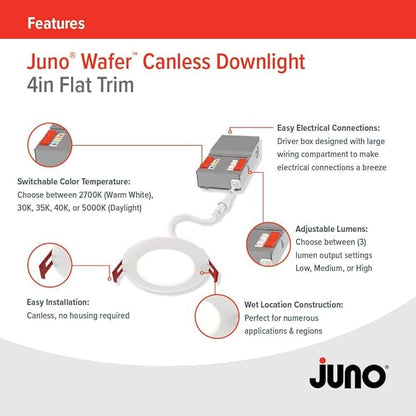 Juno LED Recessed Lights 4 Inch Round Baffle Wafer Downlight, 5-in-1 Switchable White Color Temperature, Adjustable Brightness, 120 Volts, 4-Inch Flat Trim, 1 Pack, Matte White