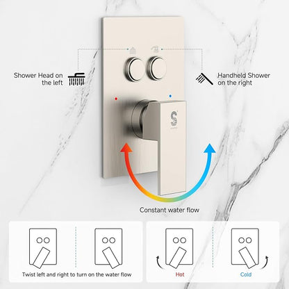 SR SUN RISE Shower System with Push Button Diverter, Wall Mounting Luxury 10 Inch Rain Shower Head with Handheld Spray, High Pressure Shower Faucet Combo Set with Rough-in Valve, Brushed Nickel