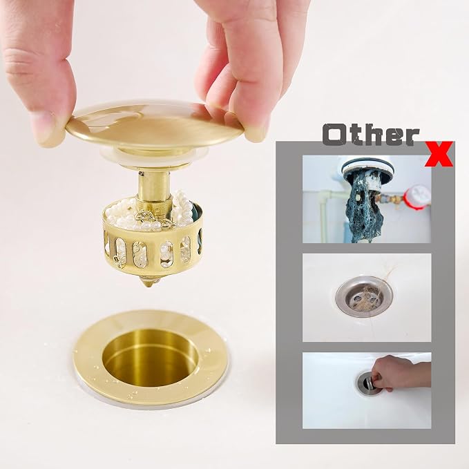 VOTON Bathroom Vessel Sink Pop Up Drain Without Overflow Assembly, Lavatory Vanity Sink Drain Stopper, Anti-Clogging Drain Strainer, Brushed Gold
