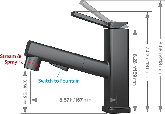MIAOHUI Pull Out Single Hole Bathroom Faucet, 3 Spray Mode Single Handle Bathroom Faucets for Sink 1 Hole, Bathroom Sink Faucet with Pull Down Sprayer, Vanity Faucet with Fountain Mode, Matte Black