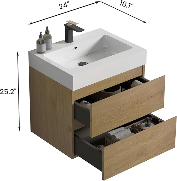 24" Floating Bathroom Vanity with Sink, Modern Bathroom Cabinet with Top and Soft Close Drawers, Spacious Storage for Small Space, Natural Oak - Lavanda Collection