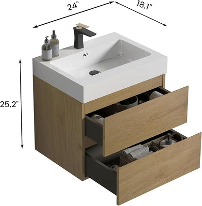 24" Floating Bathroom Vanity with Sink, Modern Bathroom Cabinet with Top and Soft Close Drawers, Spacious Storage for Small Space, Natural Oak - Lavanda Collection