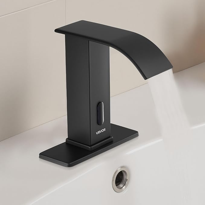 VEVOR Touchless Bathroom Sink Faucet, Automatic Motion Sensor Waterfall Restroom Toilet Faucet with Hole Cover Plate, Battery Operated,Hot/Cold Water for 9/16 in Pipe Commercial Lavatory,Matte Black