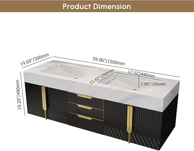 Bathroom Vanity with Sink, Modern Bathroom Vanity with Faux Marble Top, Gold Hardware & Soft-Close Drawers for Bathroom Storage (59.1 Inch, Black, Double Sink & Floating)