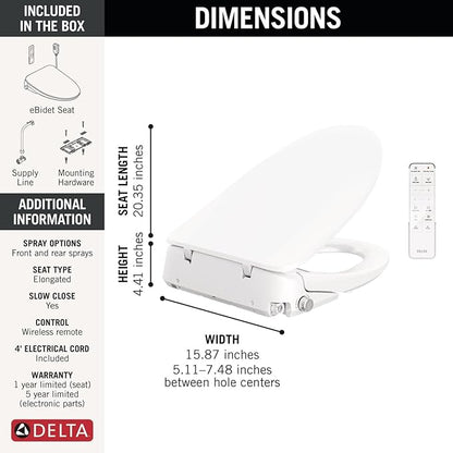Delta Faucet Refresh Ultimate Elongated Electric Bidet Toilet Seat, Warm Water Bidet, Heated Seat Bidet, Bidet with Dryer, Bidet Attachment for Toilet, Bidet Toilet Seat Elongated, White 893007E-WH