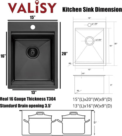 Black Bar Sink Drop In, 15x20 Inch Kitchen Sink Stainless Steel Small Topmount Workstation Sinks, Single Bowl Kitchen Sinks for Office Laundry Wet Bar Prep RV Outdoor Yard