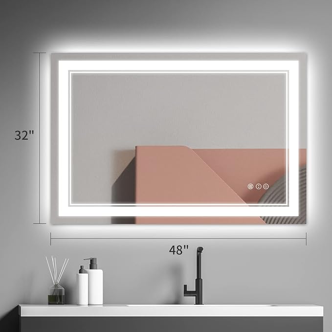 48x32 Inch LED Bathroom Mirror with Lights | Front and Backlit, 3 Colors, Dimmable, Memory, Anti Fog, Shatterproof, Horizontal/Vertical, Lighted Mirrors for Bathroom Wall