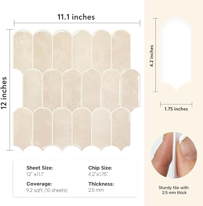 Vamos Tile Thicker Peel and Stick Backsplash Tile,Pinkish Beige,10-Sheet | Self Adhesive Vinyl Wall Tiles with Beige Grout, Stick on Backsplash for Kitchen, Bathroom,RV,Pantry,11.1''x12''