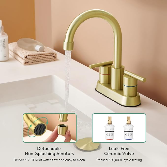 Faustina Brushed Gold Bathroom Faucet, 4 Inch Centerset Faucets for Sink 2 Holes 3 Holes，Two Handles 304 Stainless Steel Faucet with Pup up Drain Assembly and 2 Water Supply Lines for RV Vanity
