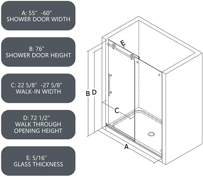 55"-60" W x 76" H Single Sliding Shower Door with Adjustable Soft Closing Design, Frameless Glass Shower Door with 5/16" (8mm) SGCC Tempered Clear Glass, Easy to Install, Brushed Nickel