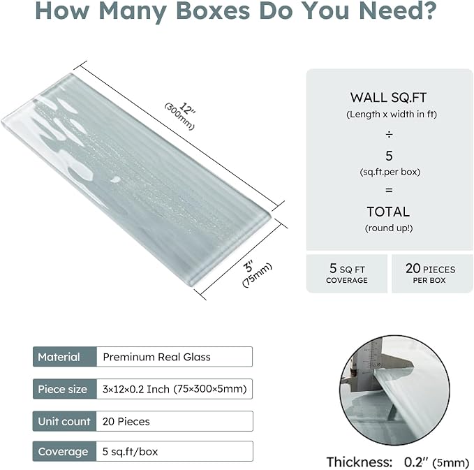 Peel and Stick Glass Subway Tiles, Pearl Gray, 3x12 Inch, 5 Sq.ft | Water Wave Glass Tile for Kitchen Backsplash, Bathroom, Accent Wall