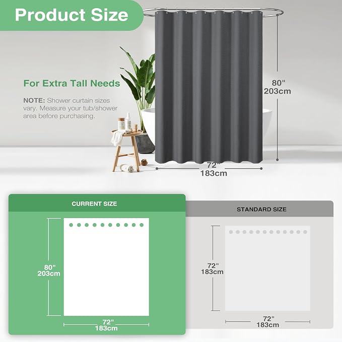 Long Waffle Shower Curtain 256GSM Heavy Fabric 72x80 Charcoal Grey | 80 Inch Long, Thick Cloth, Weighted Hem, Water Repellent, Hotel Luxury Polyester Shower Curtain Set for Bathroom 12 Hooks