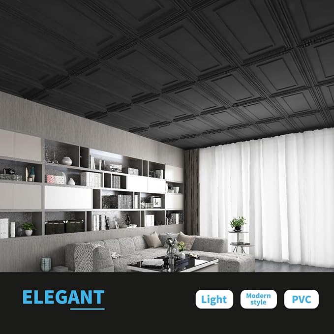 Art3d PVC Ceiling Tiles, 3D Plastic Sheet in Black, 2 x 2 ft, 12-Pack | Lightweight, Waterproof, No Sag and Breakage, Compatible with Grid System, Perfect for Basement, Kitchen