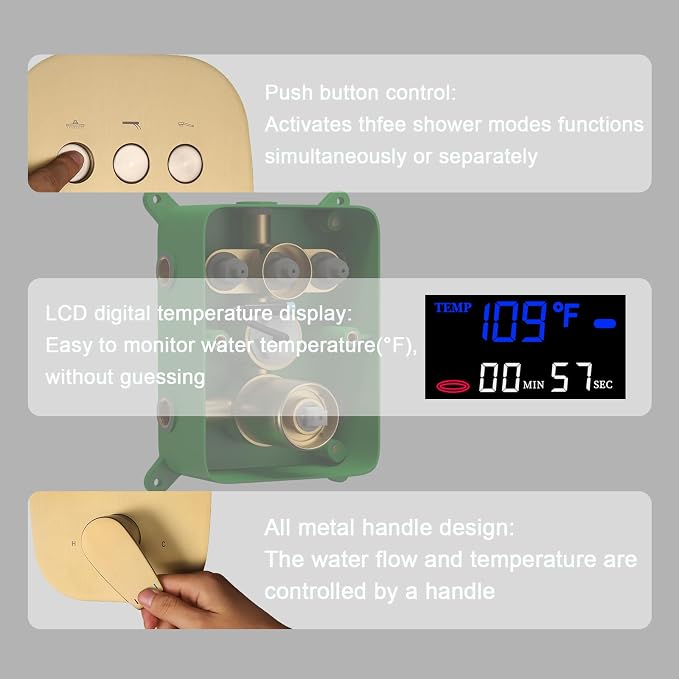 Shower Faucet Set Brushed Gold Shower System with 2 Rain Shower Head(12+8 inch) and Handheld Spray, 3 Function Temperature Display Shower