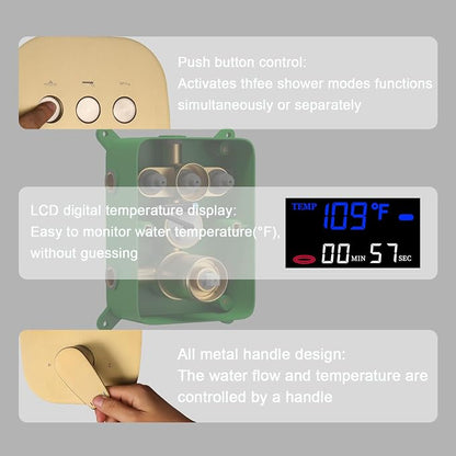 Shower Faucet Set Brushed Gold Shower System with 2 Rain Shower Head(12+8 inch) and Handheld Spray, 3 Function Temperature Display Shower