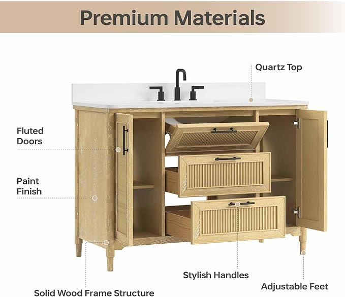 48 Inch Bathroom Vanity with Sink, Quartz Top, Light Oak | Modern Pre Assembled Single Sink Bathroom Vanity, Freestanding Bathroom Storage Cabinet, Soft Close Doors, Dovetail Drawers