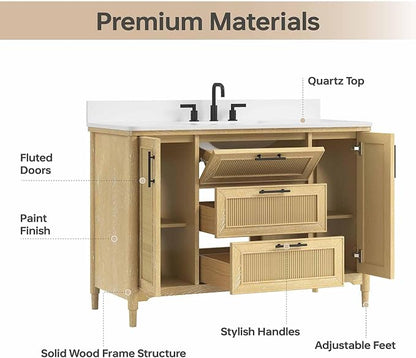48 Inch Bathroom Vanity with Sink, Quartz Top, Light Oak | Modern Pre Assembled Single Sink Bathroom Vanity, Freestanding Bathroom Storage Cabinet, Soft Close Doors, Dovetail Drawers