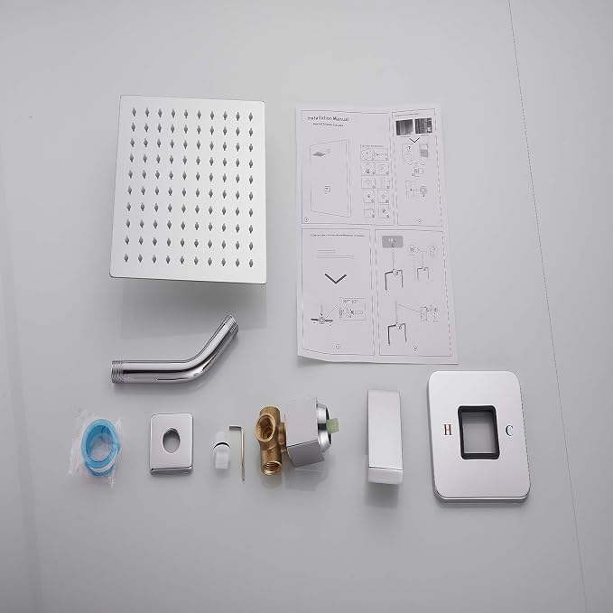 Chrome Shower Faucet GGStudy Single Function Shower Trim Kit with Rough-in Valve Shower Set Bath Rainfall Shower Faucet System 8inch Square Stainless Steel Metal Shower Head