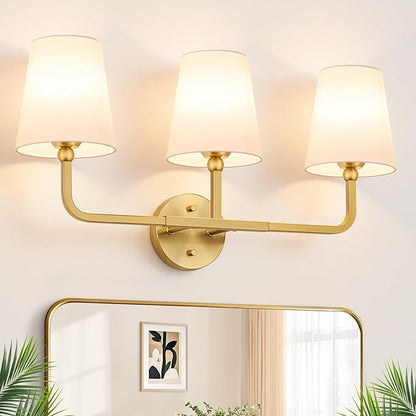 Bathroom Light Fixtures, 3-Light Brushed Gold Vanity Lights, Bathroom Lighting Fixtures Over Mirror with Flared White Fabric Shade, Modern Wall Sconces for Living Room Hallway