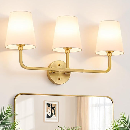 Bathroom Light Fixtures, 3-Light Brushed Gold Vanity Lights, Bathroom Lighting Fixtures Over Mirror with Flared White Fabric Shade, Modern Wall Sconces for Living Room Hallway