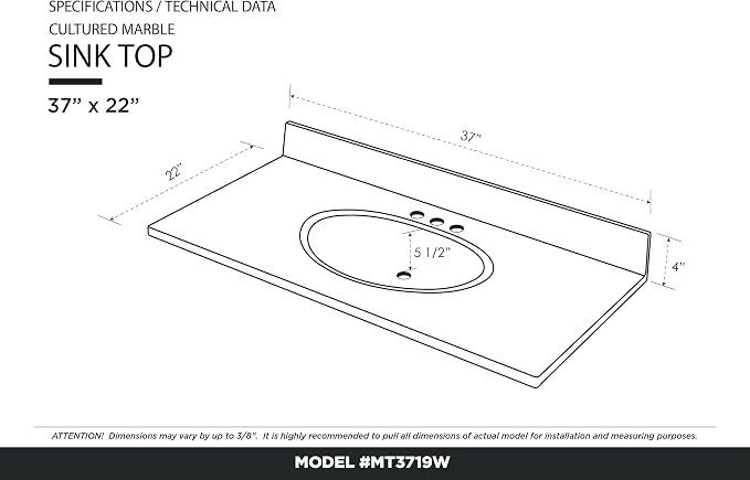 Cultured Marble Composite Bathroom Sink Top - Fits Standard 36” Vanity | Elegant and Durable Bathroom Sinks for Modern Homes - Upgrade Your Space - Perfect for Any Bathroom Design