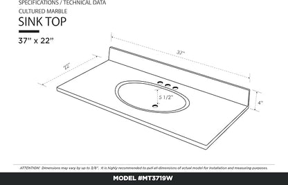 Cultured Marble Composite Bathroom Sink Top - Fits Standard 36” Vanity | Elegant and Durable Bathroom Sinks for Modern Homes - Upgrade Your Space - Perfect for Any Bathroom Design