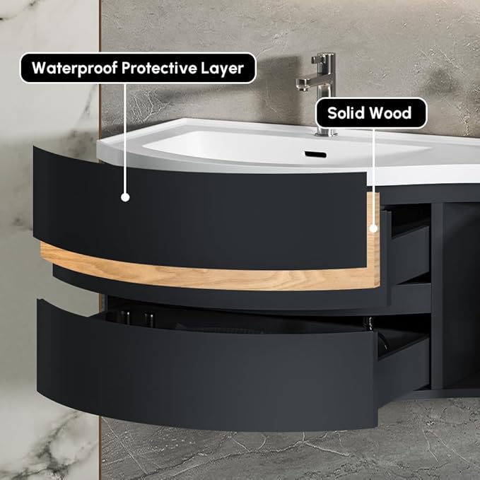 KunMai Modern Floating Bathroom Vanity with Sink, 35.4" Black Wall Mounted Stone Resin Top Vanity Cabinet with Storage Drawers & Door, White Wall Hung Vanity for Small Bathrooms