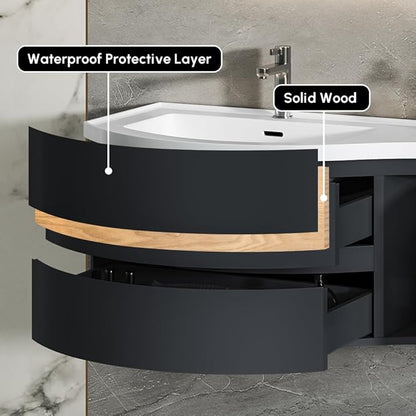 KunMai Modern Floating Bathroom Vanity with Sink, 35.4" Black Wall Mounted Stone Resin Top Vanity Cabinet with Storage Drawers & Door, White Wall Hung Vanity for Small Bathrooms