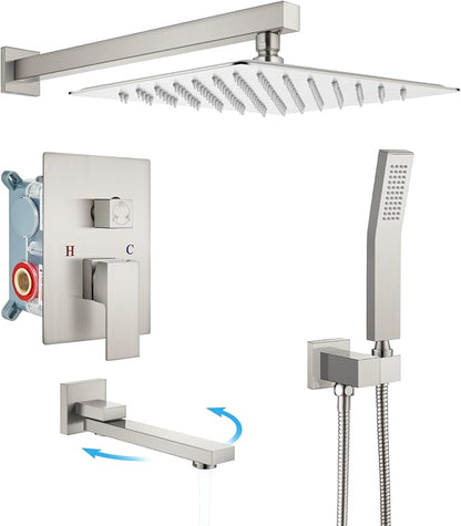 gotonovo Tub Shower Faucet Set with Valve Kit 10’’ Head,Brushed Nickel | Shower System with Tub Spout,SUS304 Rain Head with Handheld Sprayer,Swivel Spout,All Metal,Rough-In Valve Trim Kit,Wall Mount