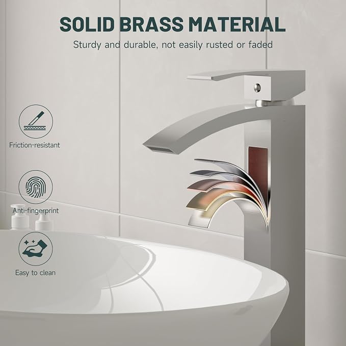 Brushed Nickel Vessel Sink Faucet, Waterfall Bathroom Faucets | Brass, Tall Spout, Single Handle 1 Hole Bathroom Faucet, Modern Basin Taps with Supply Line, Pop Up Drain, Without Overflow