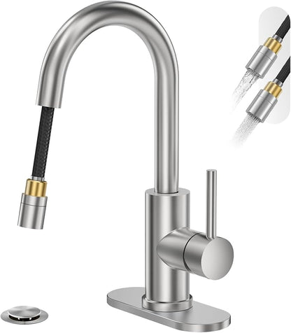 High Arc Pull Out Sprayer Bathroom Faucet,Brushed Nickel Single Handle Pull Down Faucet with Pop-Up Drain,1 or 3 Hole 2 Model RV Bar Laundry Utility Sink Faucet with Deck Plate, WE08CL-ZY-BN