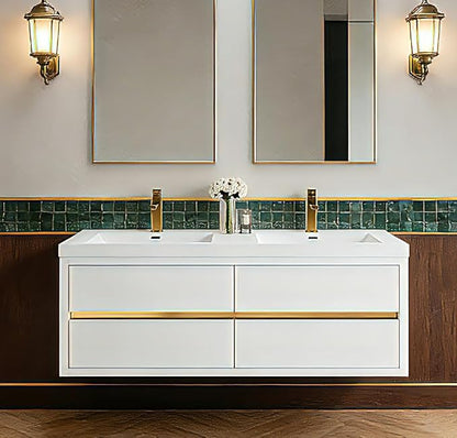 60" Floating Bathroom Vanity, Wall-Mounted Double Sink Vanity, Pre-Assembled Modern Floating Storage Cabinet with Stone Resin Countertop & Soft-Close Drawers, Glossy White