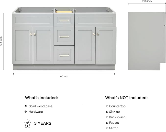 ARIEL Hamlet 60-inch Bathroom Vanity Base Cabinet,Solid Wood, 4 Soft Closing Doors, 3 Dovetail Drawers, Brushed Nickel, Grey