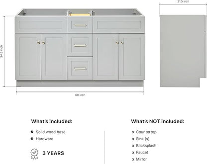 ARIEL Hamlet 60-inch Bathroom Vanity Base Cabinet,Solid Wood, 4 Soft Closing Doors, 3 Dovetail Drawers, Brushed Nickel, Grey