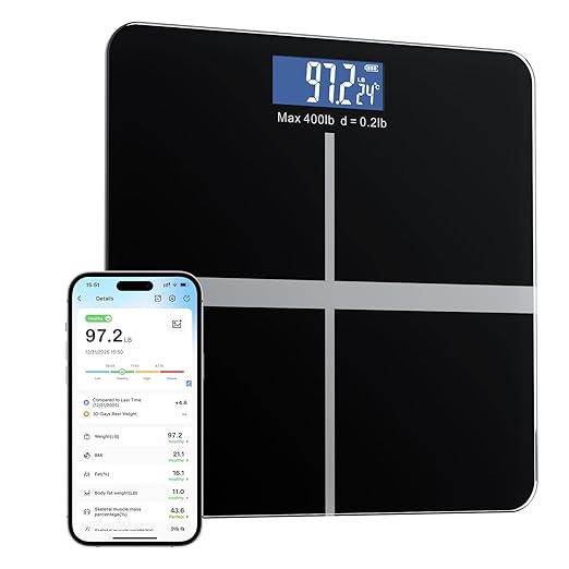 Bluetooth Digital Weight Scale, High-Precision Body Fat and Muscle Mass Analyzer, Supports Companion App to Store and Compare Historical Health Metrics Including Body Fat Percentage and Metabolic Age